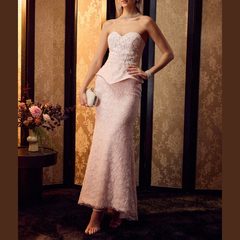Blush Pink Lace Sweetheart Strapless Peplum Waist Mermaid Gown